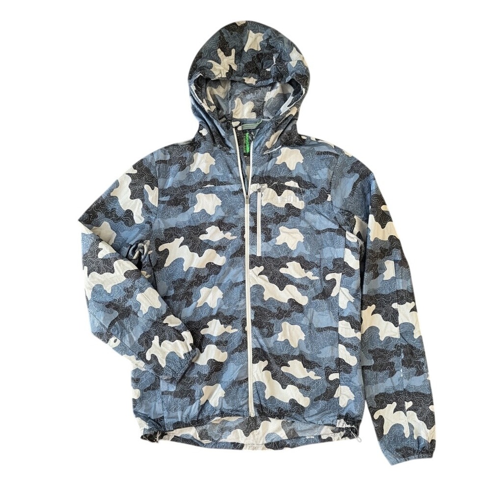 Stio Second Light Windshell Jacket Mens M Blue Camo Topo Print‎ Hooded Gorpcore